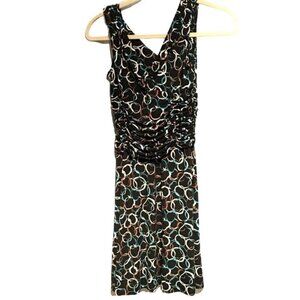 Maggy Boutique Fit & Flare Dress Black Multicolored Pleated Waist V-Neck Sleevel